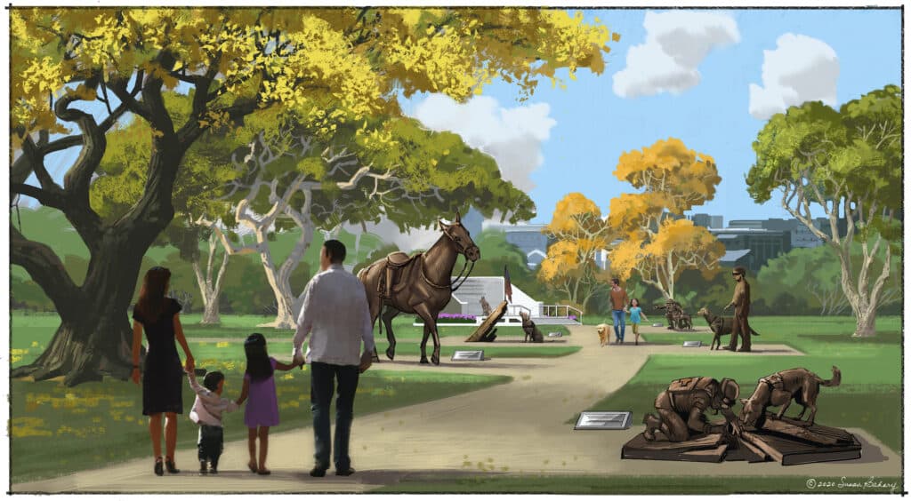 A family strolls through a park with vibrant autumn trees, passing by various sculptures including a horse, a soldier with a dog, and several dog sculptures. The scene includes couples walking with children and a dog, creating a lively atmosphere.